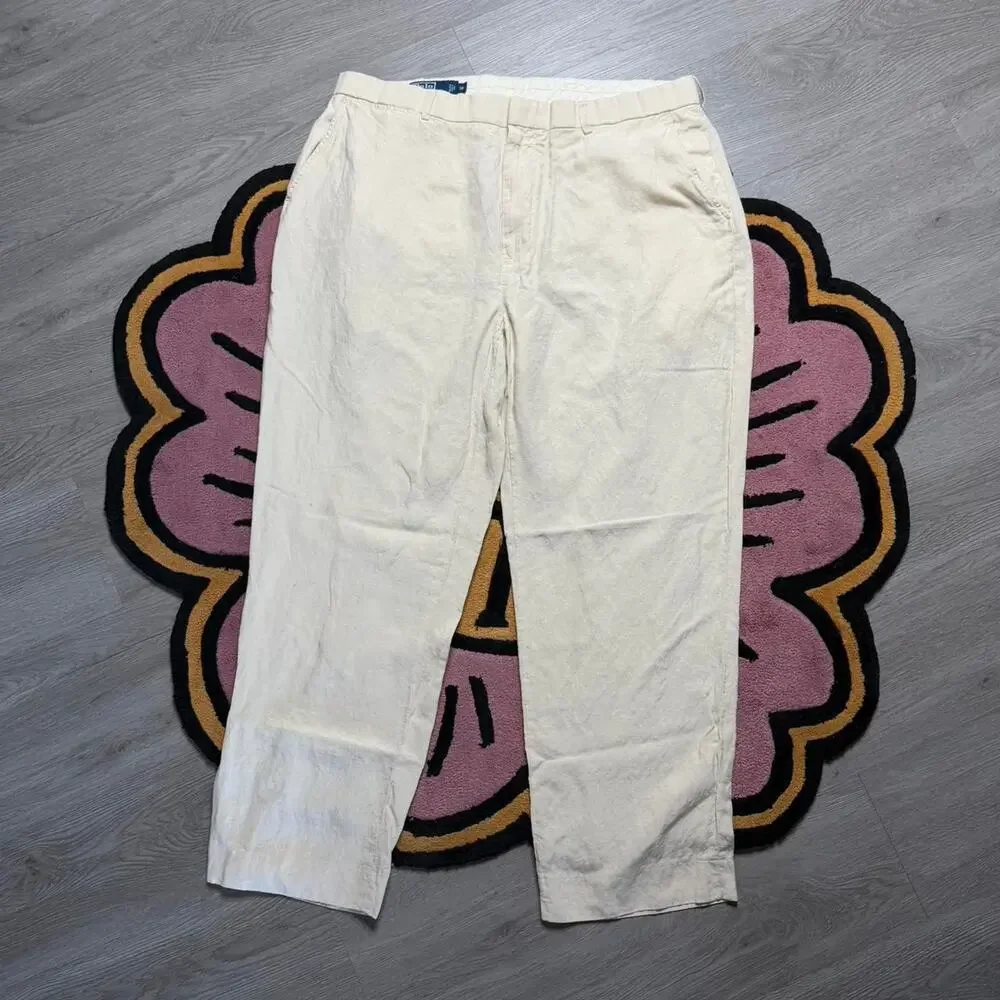 Vintage Y2K Polo Ralph Lauren Silk Linen Chino Pants Size 38 Beige Cream